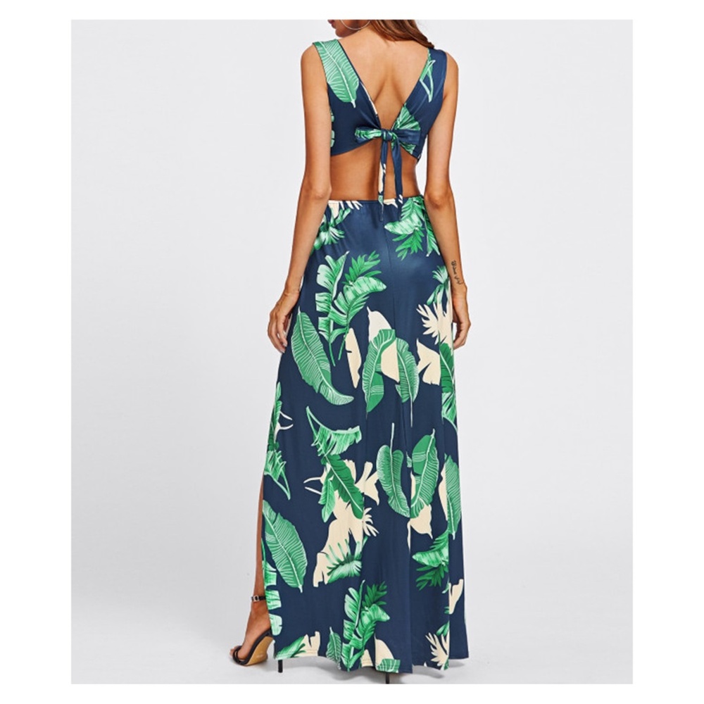 Blue Tropical Print Backless M Slit Maxi Dress - Picture 5 of 5